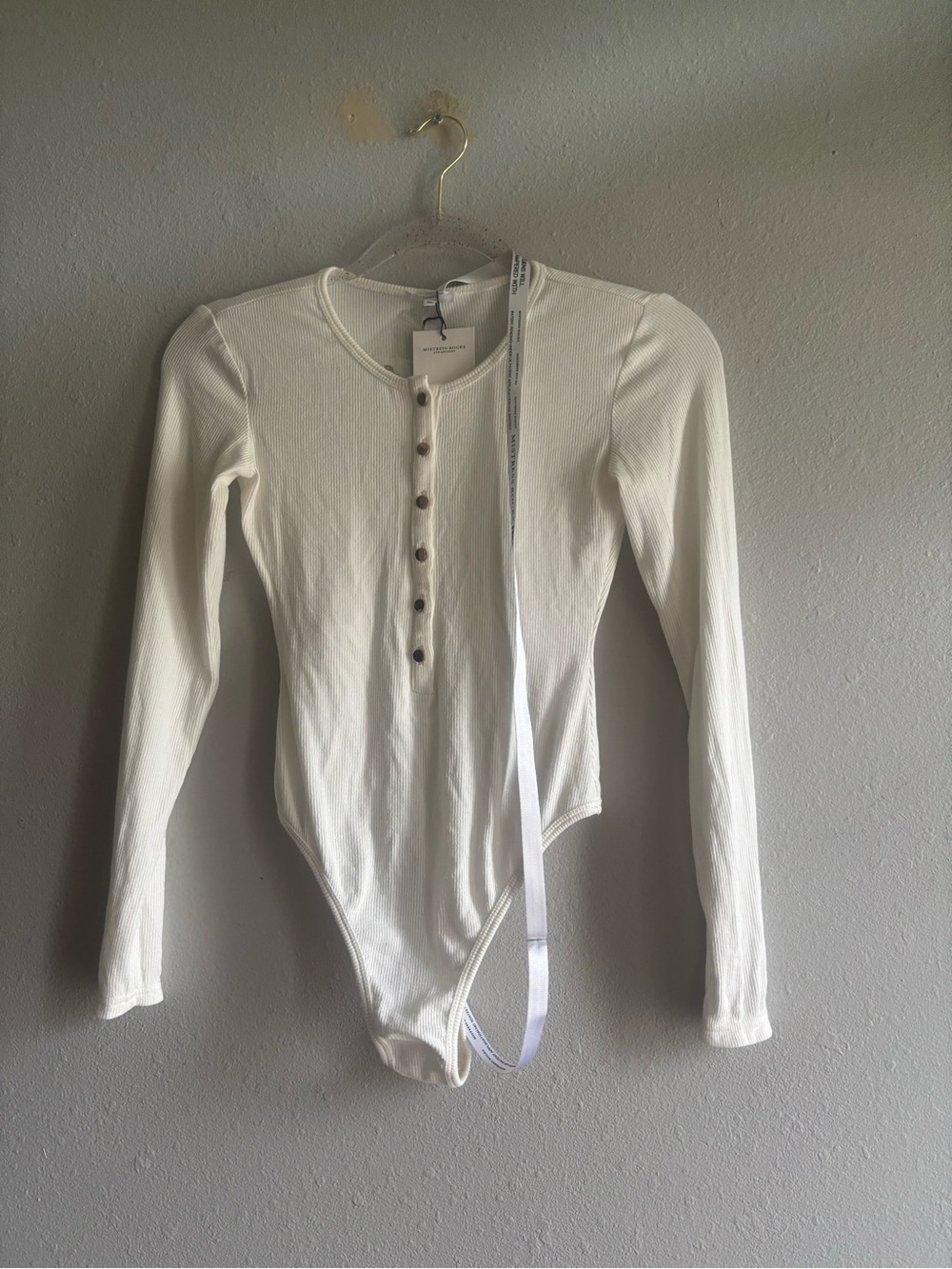 Mistress Rocks Ribbed Long-Sleeve Henley Bodysuit - White